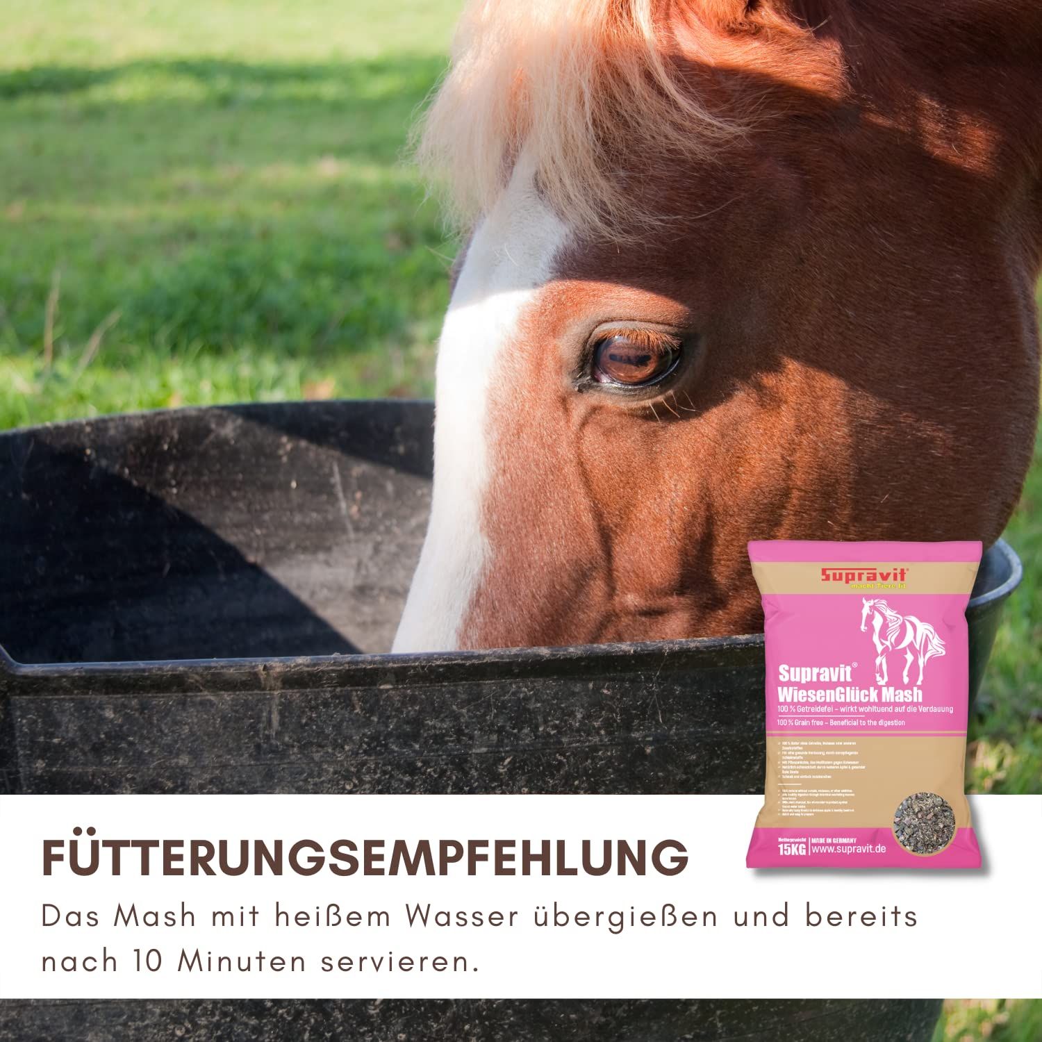 Pferd frisst aus Eimer, Produktverpackung von Supravit WiesenGlück Mash.