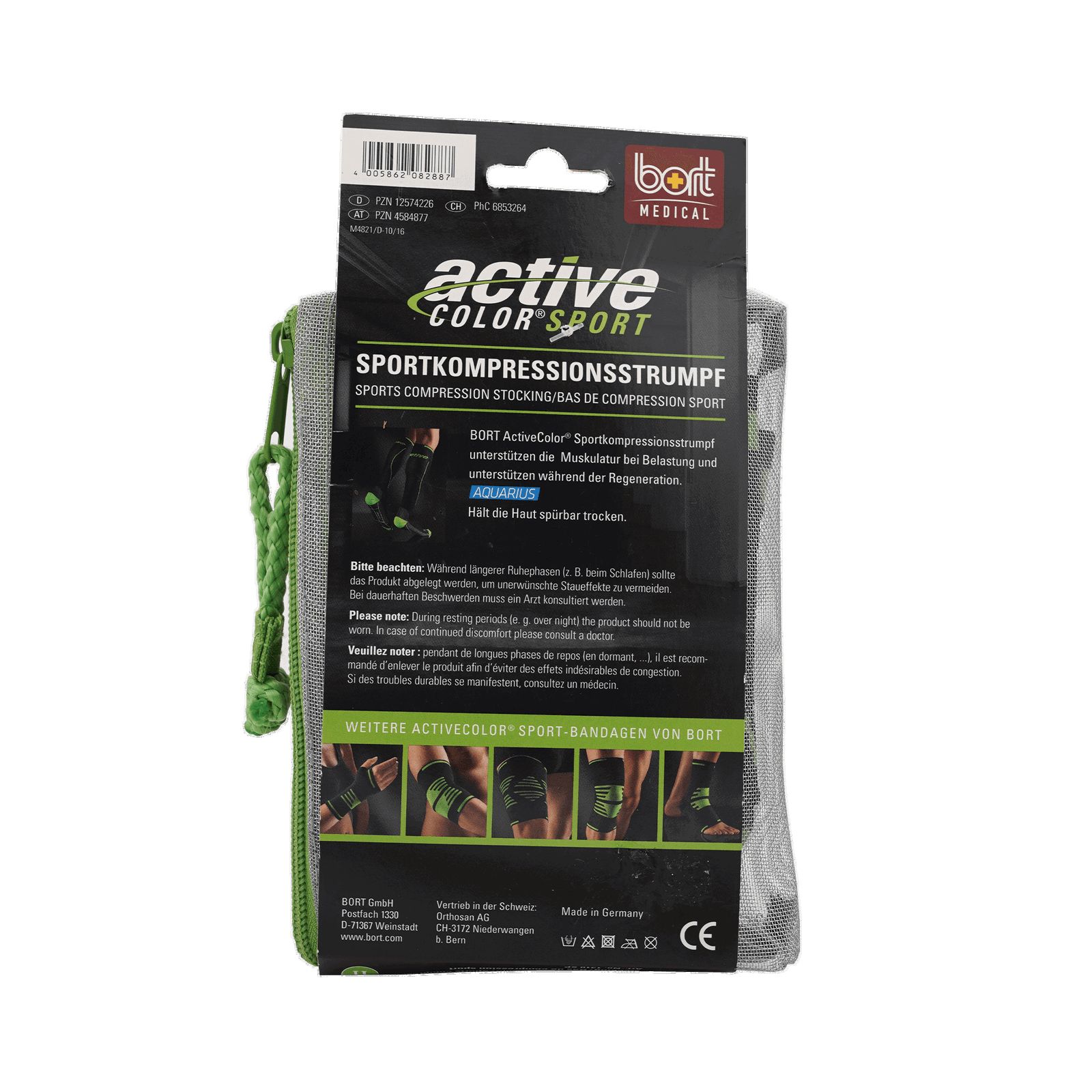 BORT ActiveColor Sport Komp.Strumpf Gr.2. Rückseite der Verpackung. Produktinformationen und Illustrationen. BORT Medical Logo.