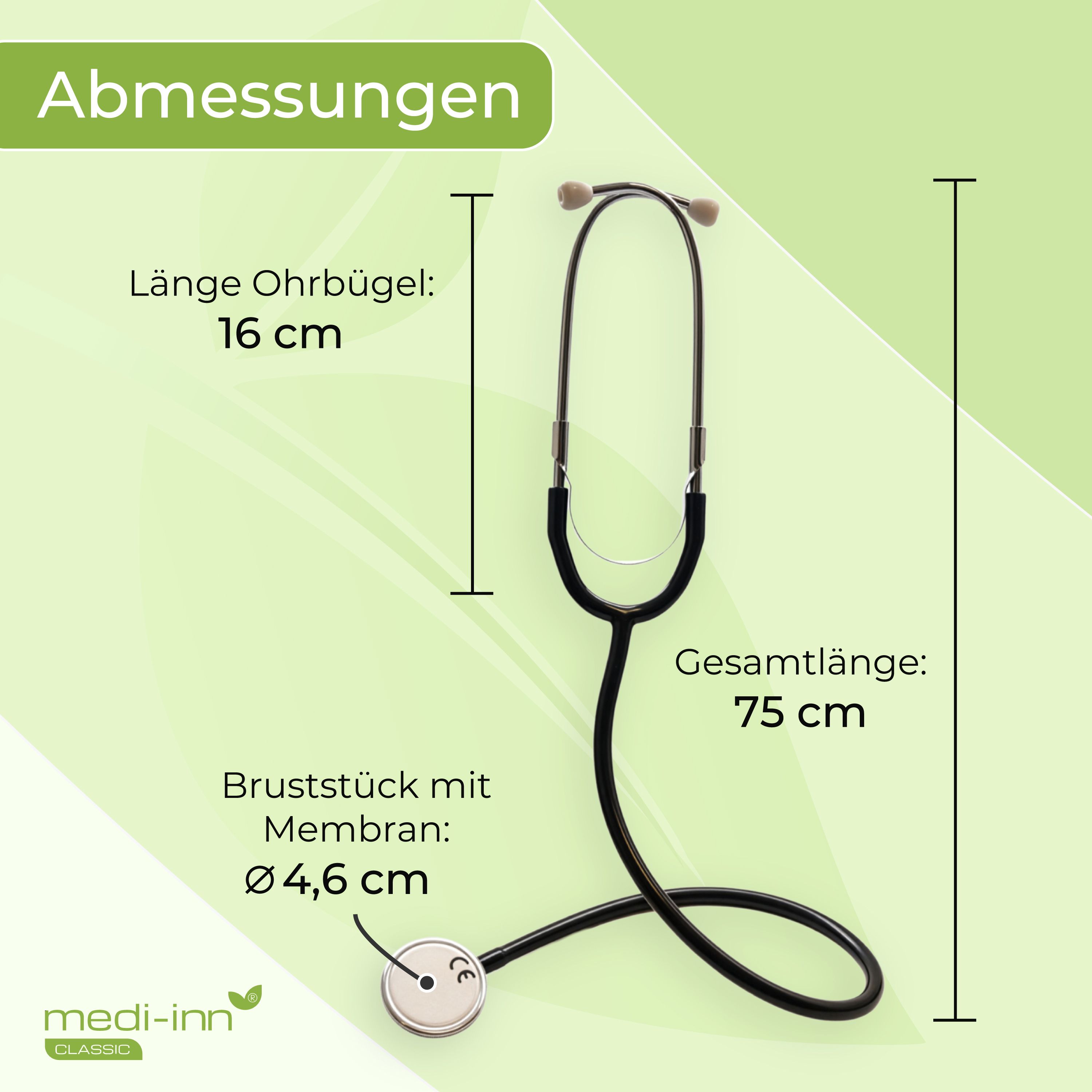 Abmessungen: Ohrbügel 16 cm, Gesamtlänge 75 cm, Bruststück Ø 4,6 cm.