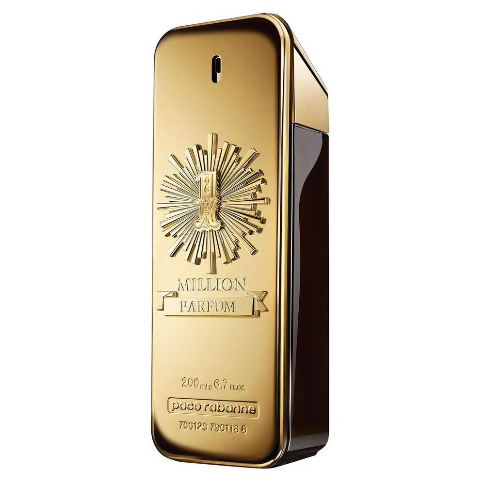 Goldfarbene Parfumflasche in Barrenform. Aufschrift: 1 Million Parfum, Paco Rabanne. 200 ml.
