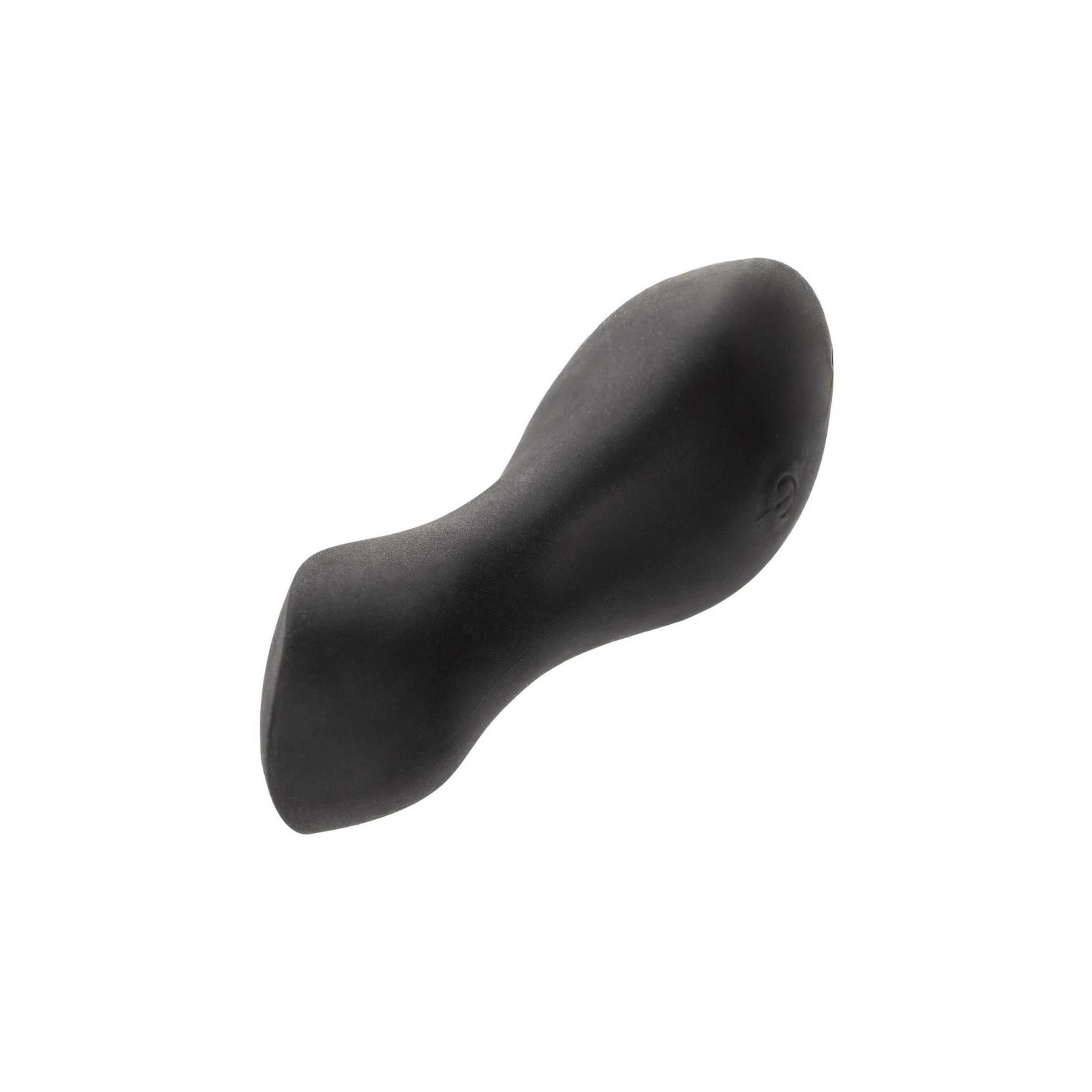 Schwarzes, geschwungenes Wellness-Produkt. Glatte Oberfläche, längliche Form mit abgerundeten Enden. Marke: CALEXOTICS.