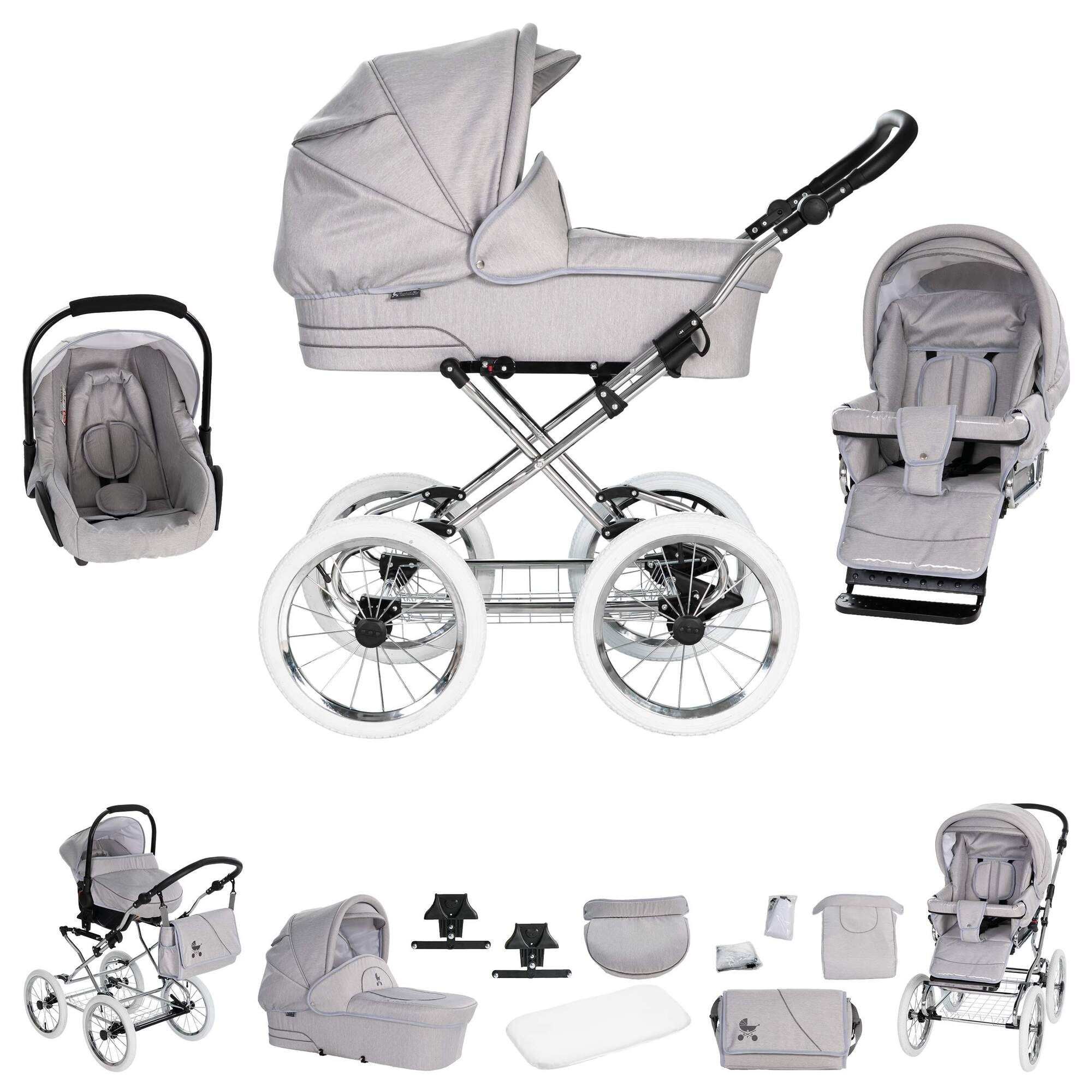 Friedrich Hugo München 3 in 1 Kinderwagen, Silbergrau Chrom Weiß