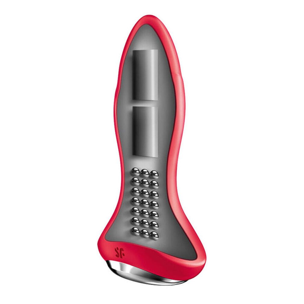Roter Analvibrator mit silbernem Akzent. Oberseite mit Kugeln und zwei Öffnungen. Logo: SF.