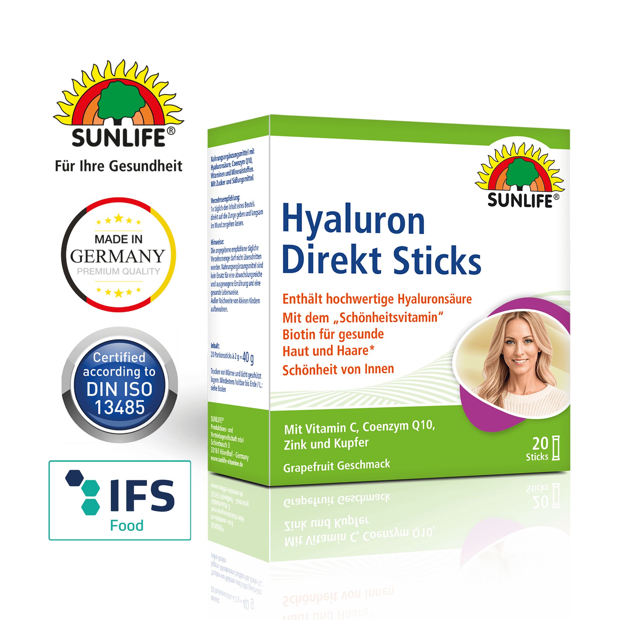 SUNLIFE® Hyaluron Direkt Sticks Packung. Enthält 20 Sticks. Mit Qualitätszeichen und Zertifizierungen. Produktname und Inhaltsstoffe.