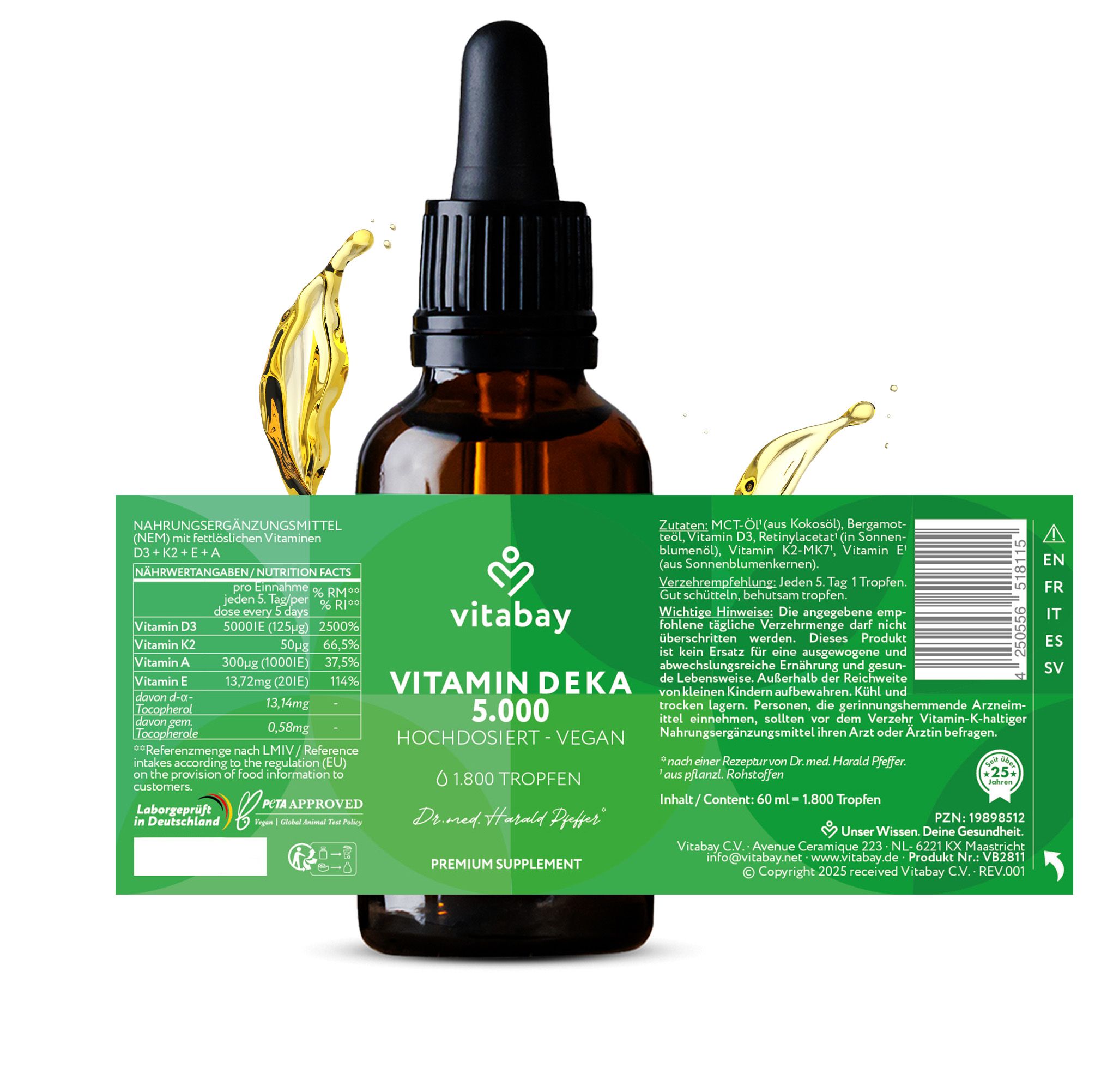 Etikett Vitamin Deka 5.000. Inhaltsstoffe, Nährwertangaben. 1.800 Tropfen. Marke: Vitabay. Premium Supplement. Laborgeprüft.