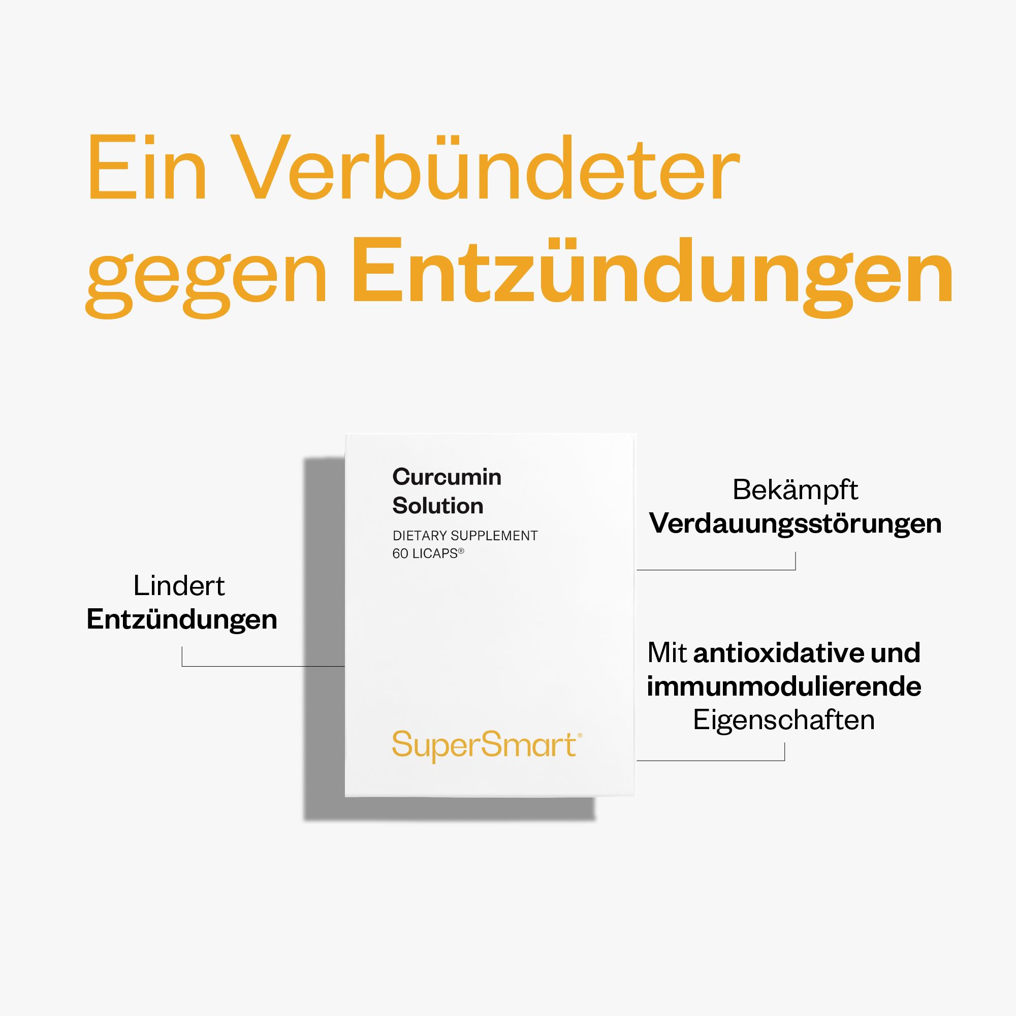 Produktverpackung von Curcumin Solution. Lindert Entzündungen, bekämpft Verdauungsstörungen. Marke SuperSmart.