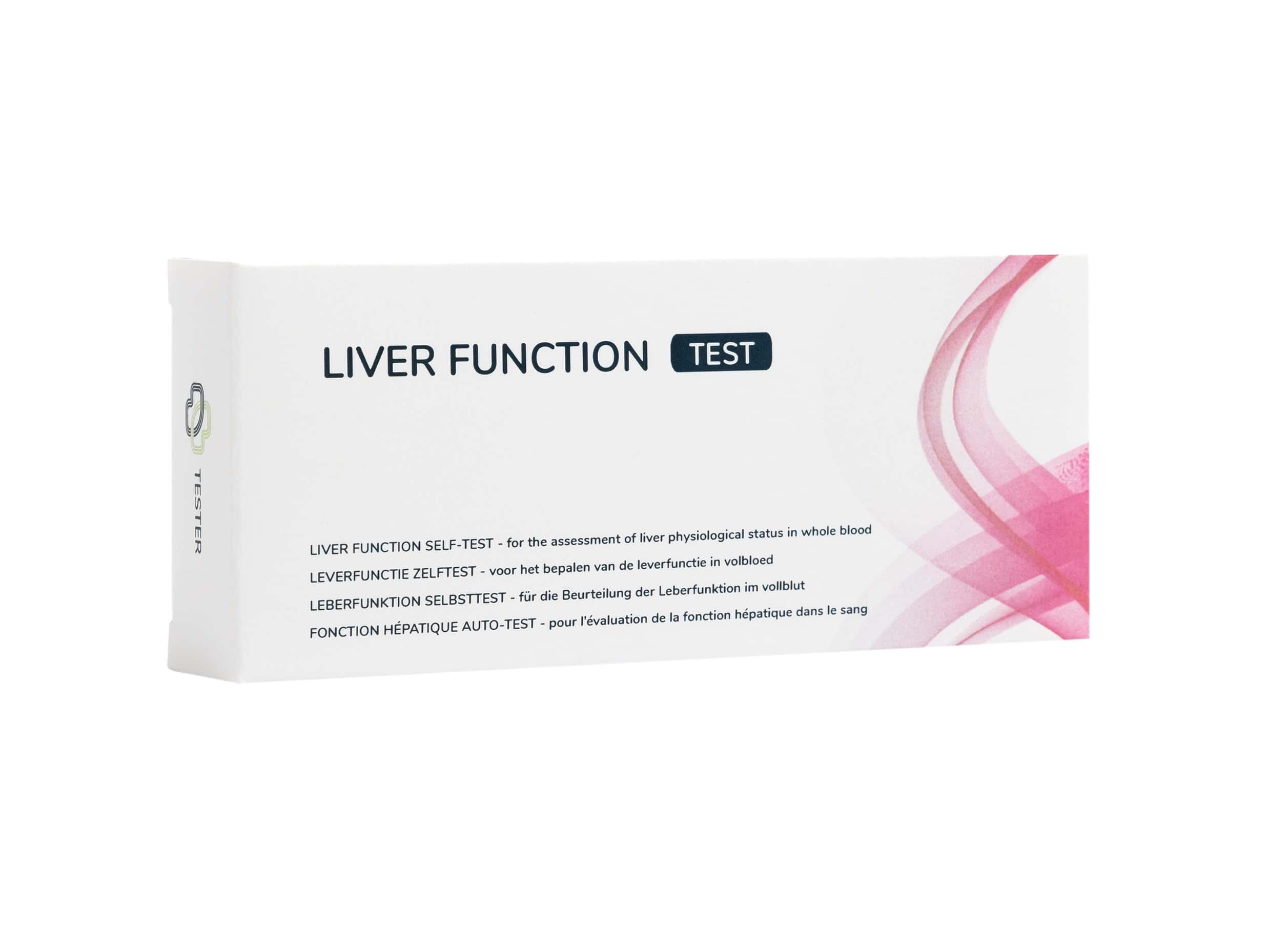Verpackung des Leberfunktionstests mit mehrsprachigen Produktinformationen auf der Vorderseite.