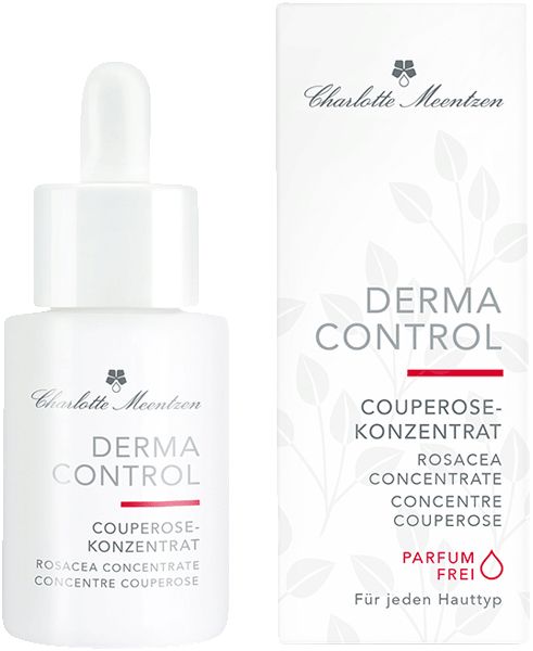 Weißes Fläschchen mit Pipette und Verpackung. Aufschrift: Derma Control Couperose Konzentrat. Marke: Charlotte Meentzen.
