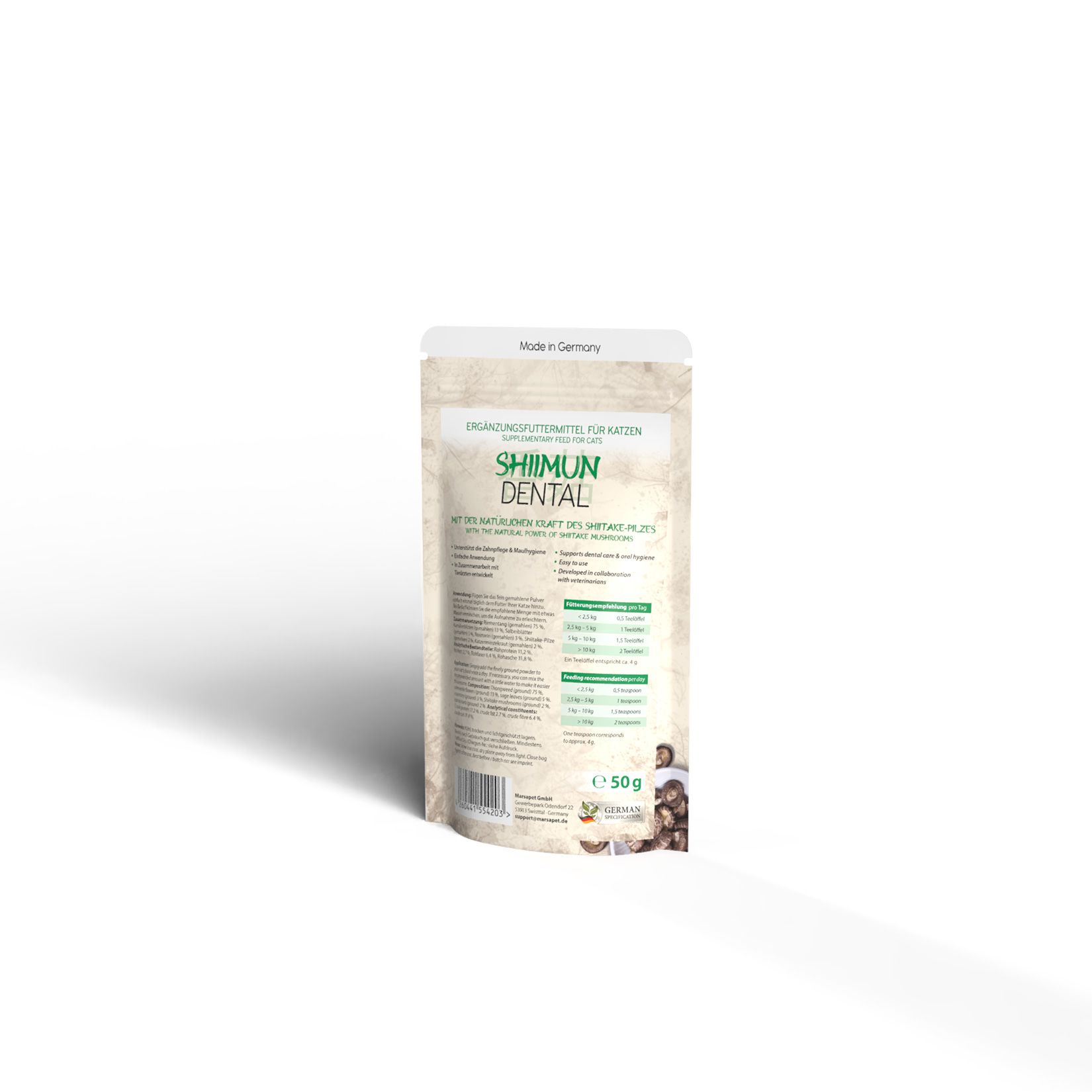 Rückseite des Shiimun Dental Pulver Beutels. Beige Verpackung mit Text und Nährwertangaben. 50g Angabe.