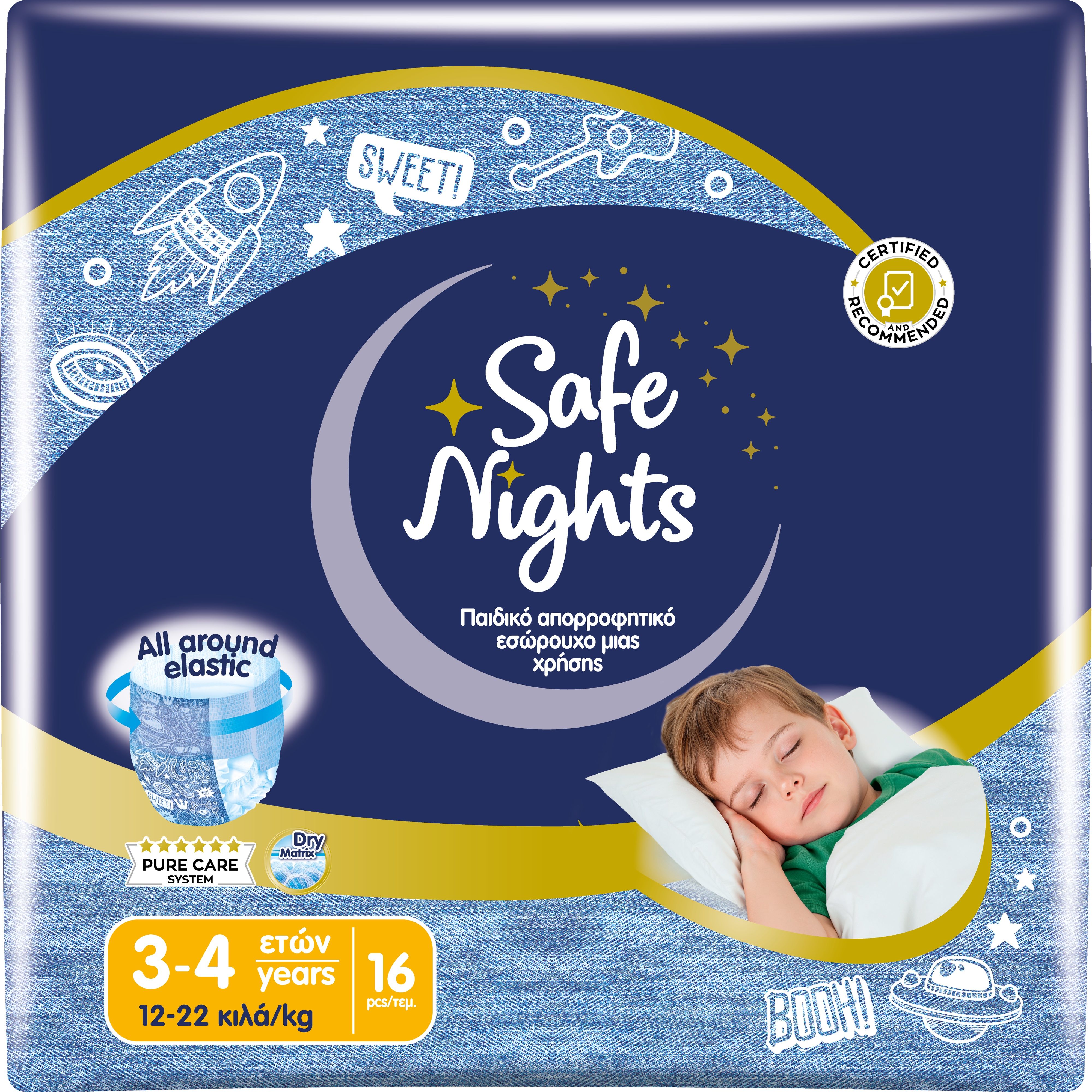 Babylino Safe Nights Boy, Mutandina Assorbente per la Notte, Bambino 3-4 anni (12-22kg), 16 Unità
