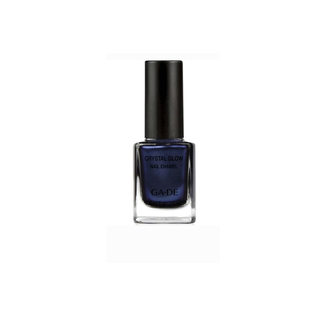 Dunkelblauer Nagellack in quadratischer Glasflasche mit schwarzem Deckel. Aufschrift: Crystal Glow Nail Enamel, GA-DE.