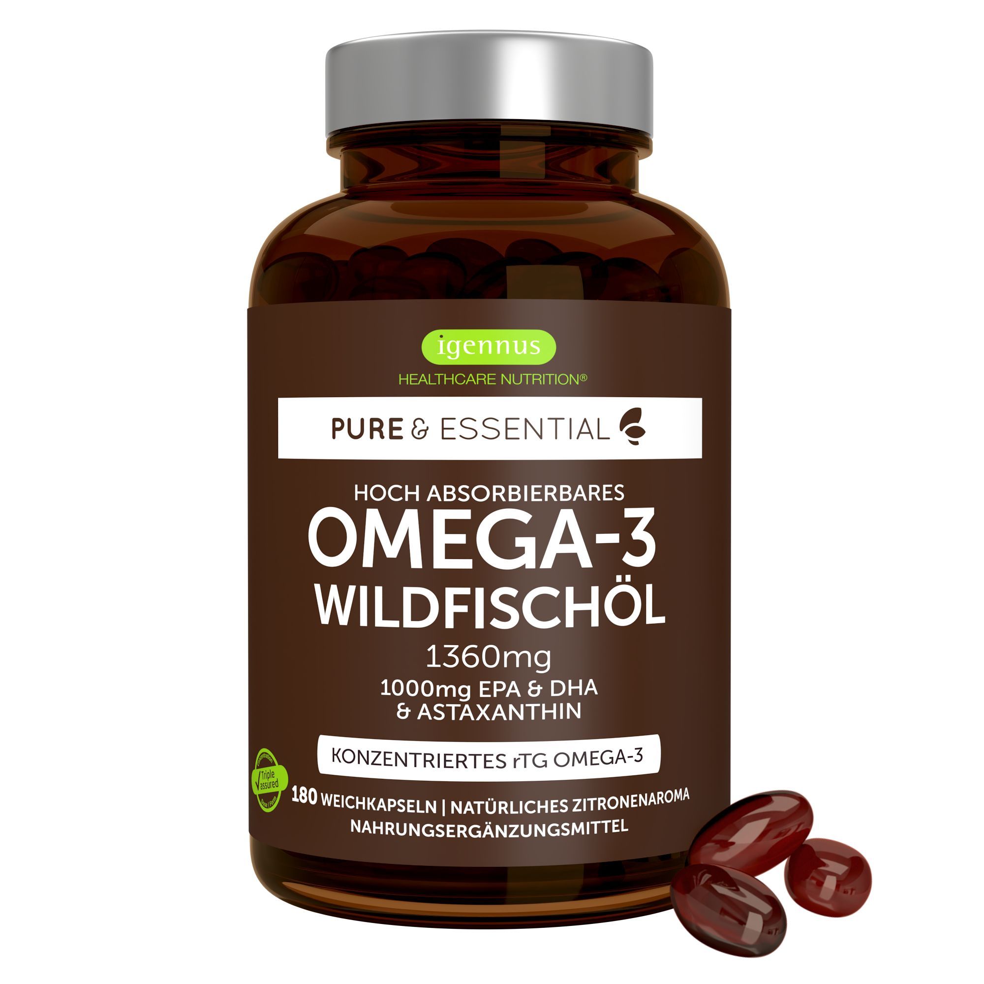 Braune Igennus Omega-3 Flasche mit silbernem Deckel und drei roten Weichkapseln daneben.
