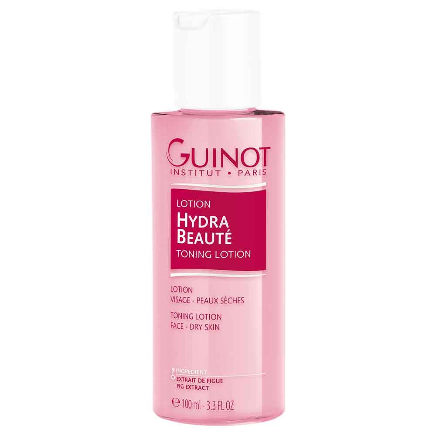 Rosa Flasche mit weißem Deckel. Aufschrift: Guinot, Hydra Beauté Toning Lotion. Für trockene Haut.