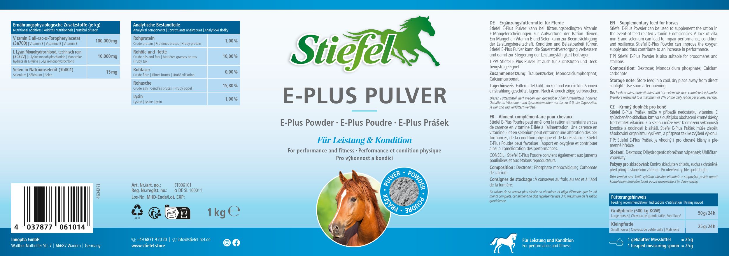 Etikett mit Produktinformationen. Beschriftung: Stiefel E-Plus Pulver. Enthält Informationen zu Inhaltsstoffen und Nährwerten. 1 kg.