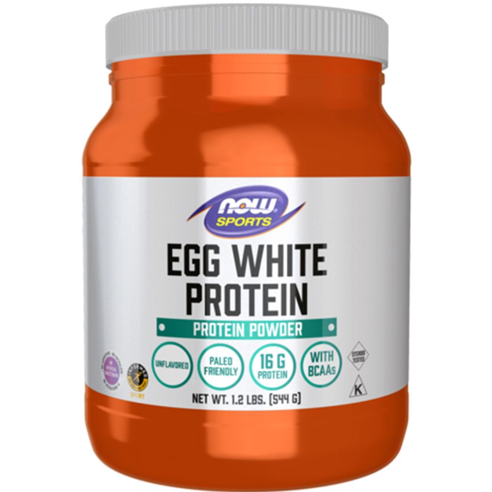 Orangefarbener Behälter mit weißem Deckel. Aufschrift: NOW SPORTS EGG WHITE PROTEIN. Enthält 16 g Protein. Unflavored.