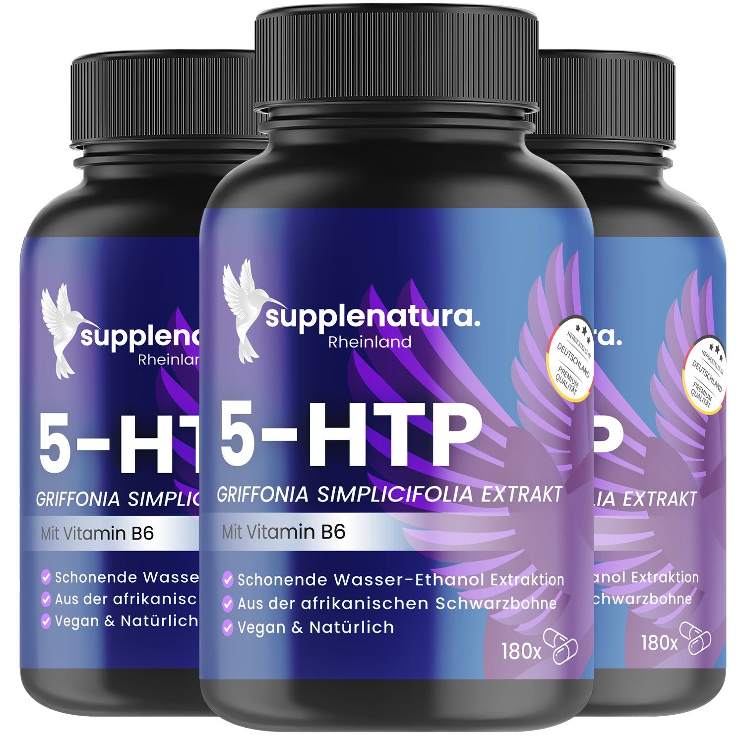 Drei Flaschen mit blauen Etiketten. Aufschrift: 5-HTP, Griffonia Simplicifolia Extrakt, Vitamin B6. 180 Kapseln.