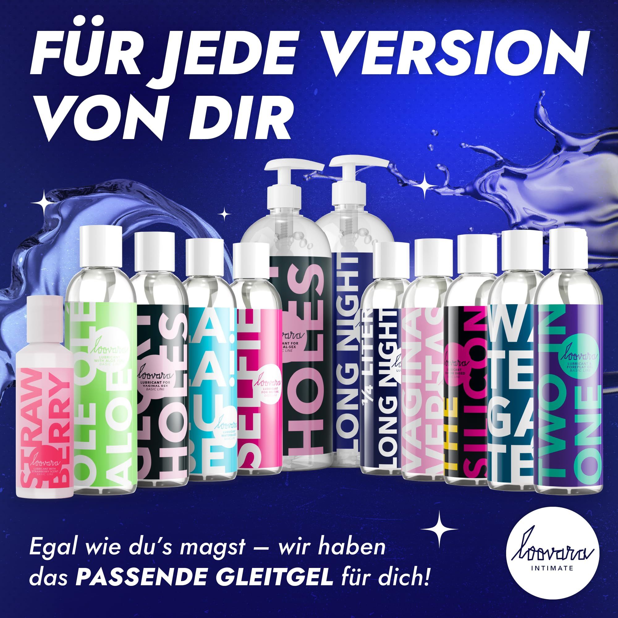 Reihe von Gleitgel-Flaschen in verschiedenen Farben und Aufschriften.