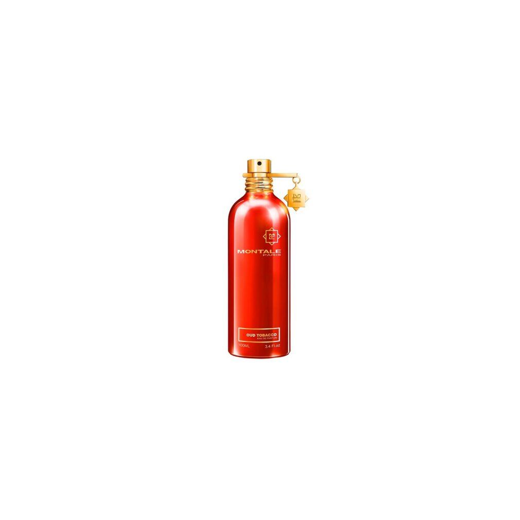 Rote Flasche mit goldfarbenem Verschluss und Anhänger. Aufschrift: MONTALE PARIS, Oud Tobacco, Eau de Parfum.