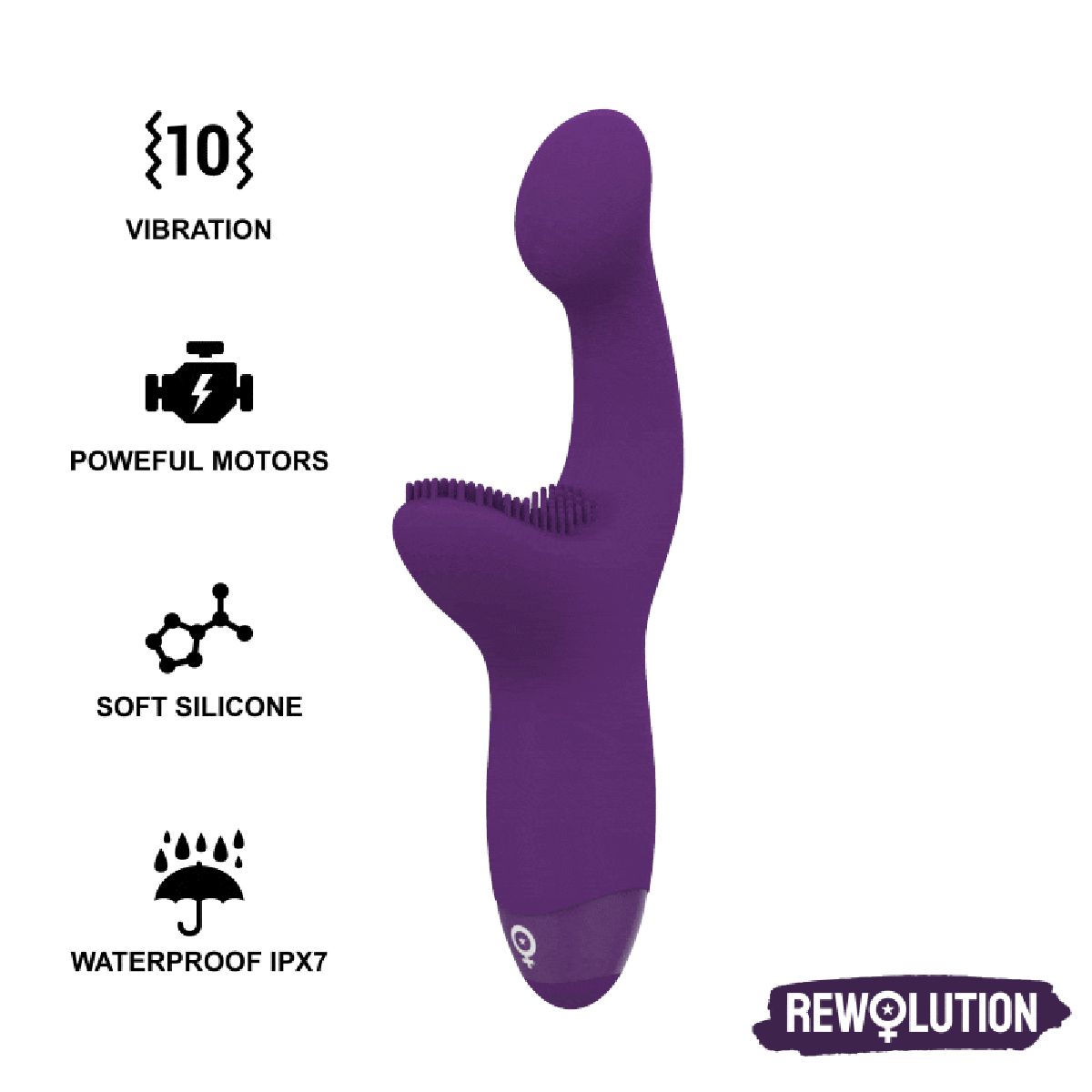 Lila Stimulator mit gebogener Form. Text: 10 Vibrationen, leistungsstarke Motoren, weiches Silikon, wasserdicht IPX7. Logo Rewolution.