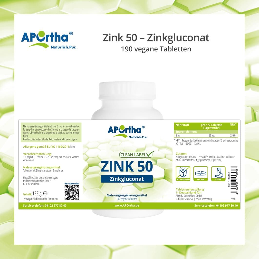 APOrtha® Zink 50 Flasche mit Etikett. Aufschrift: Zink 50 Zinkgluconat, 190 vegane Tabletten. Nährwertangaben und Inhaltsstoffe.