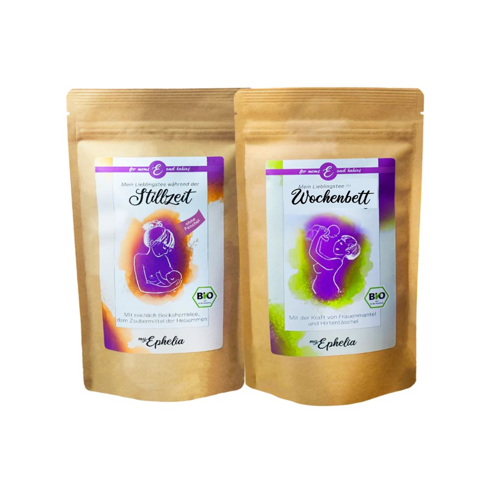 Zwei Beutel Stilltee und Wochenbetttee. Beide mit lila Etiketten und Illustrationen. Bio-Zertifizierung.