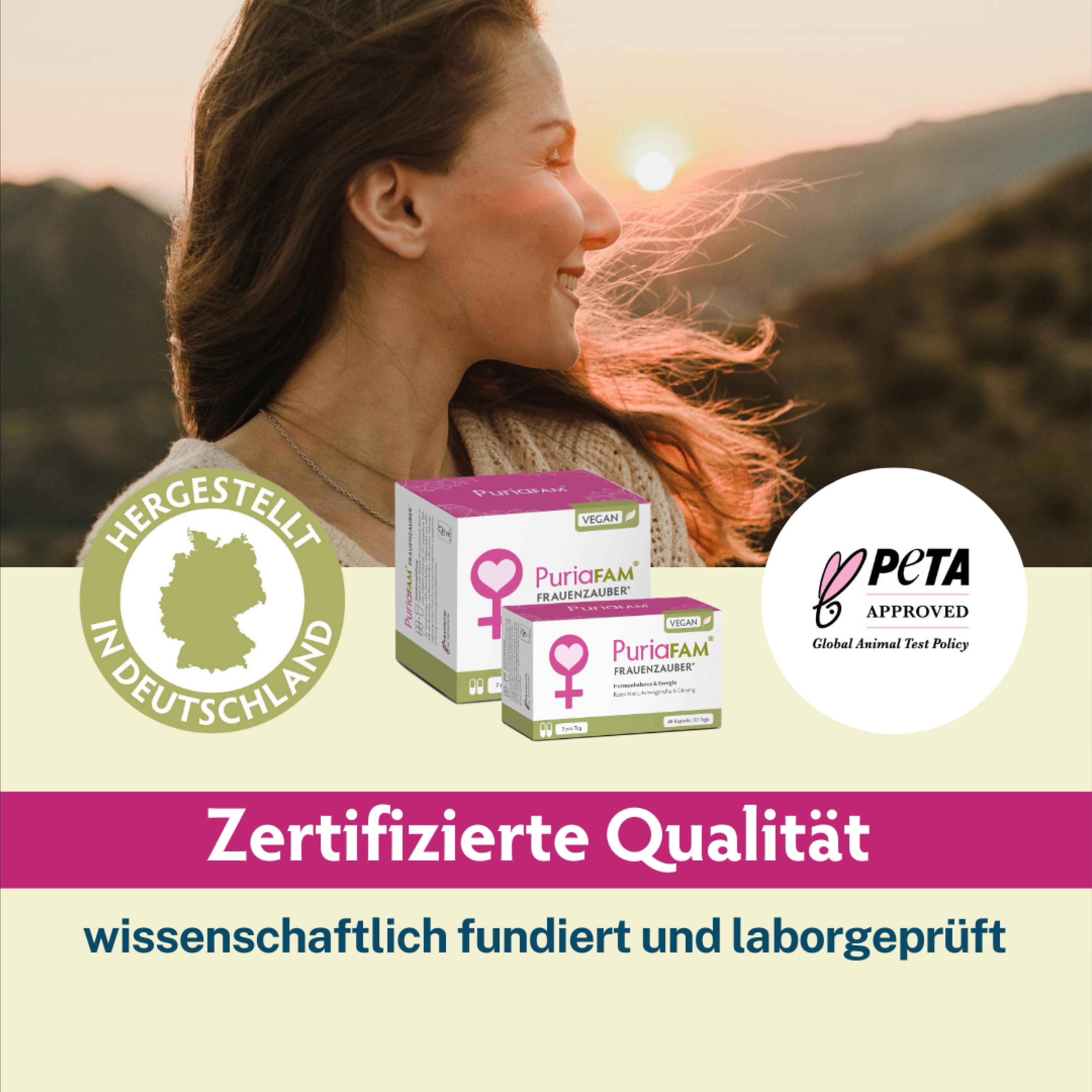 Zwei Packungen PuriaFAM Frauenzauber. PETA-Logo. Text: Hergestellt in Deutschland, Zertifizierte Qualität, wissenschaftlich fundiert.