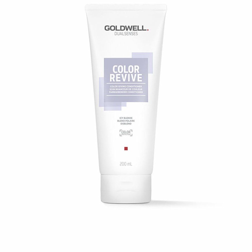 Weiße Tube mit Goldwell Dualsenses Color Revive. Text: Color Giving Conditioner. Farbige Bereiche und Schriftzug.