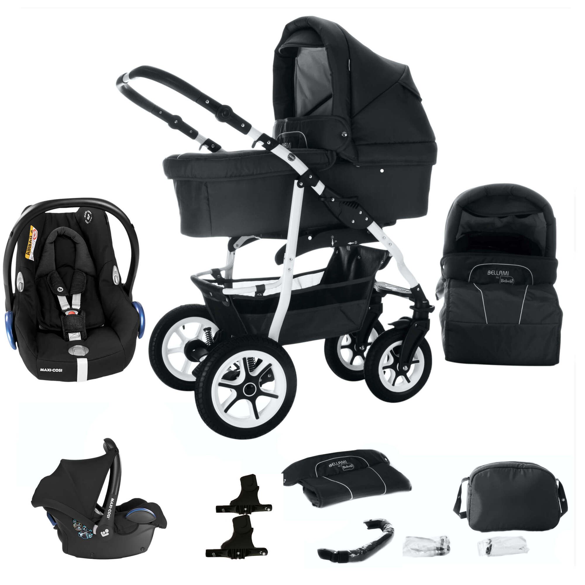 Schwarzer Kinderwagen mit weißem Gestell, Babywanne, Maxi Cosi und Zubehör. Vier Räder, Einkaufskorb.