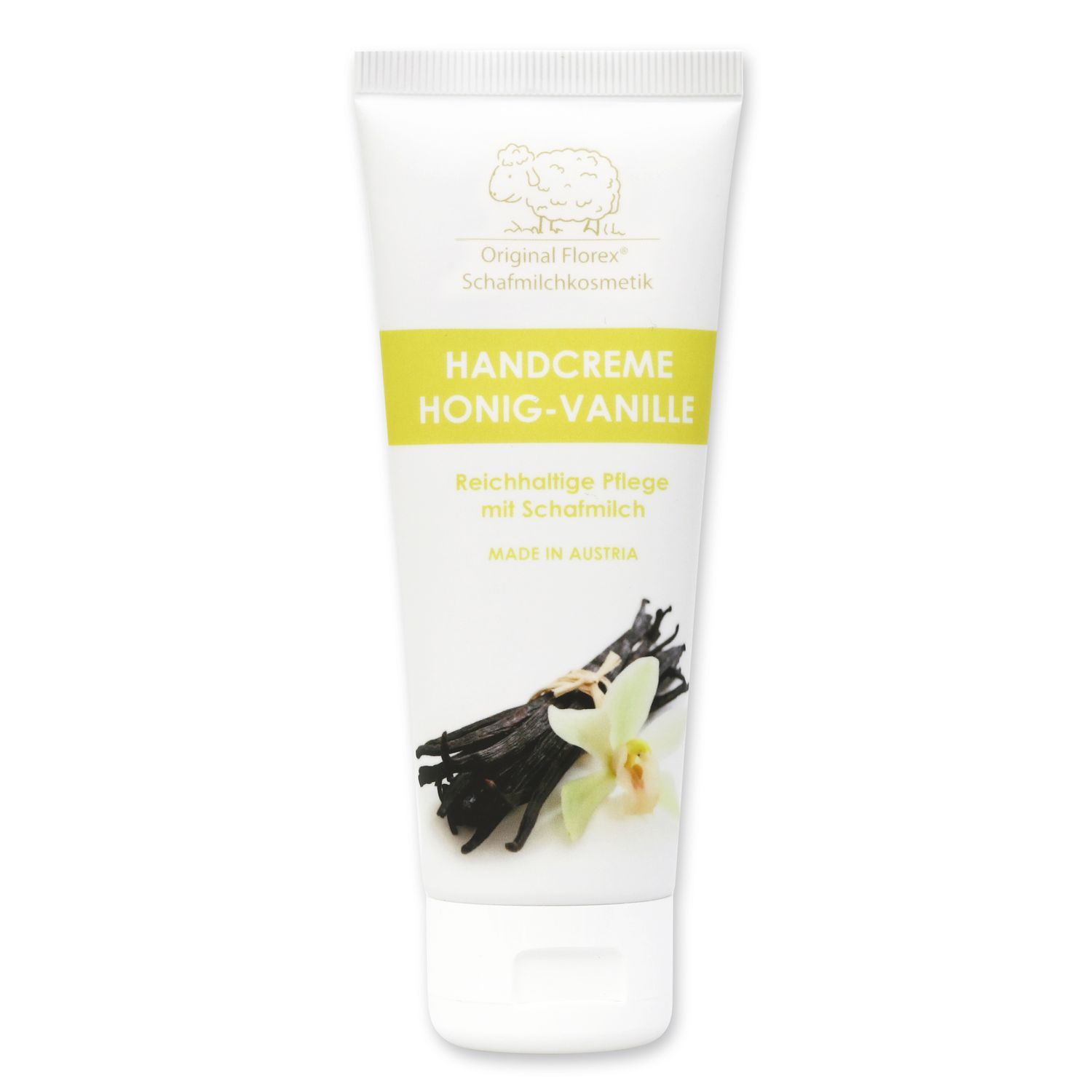 Weiß-gelbe Tube Handcreme. Aufschrift: Handcreme Honig-Vanille, mit Bio Schafmilch. Abbildung von Vanilleschoten und Blüte.