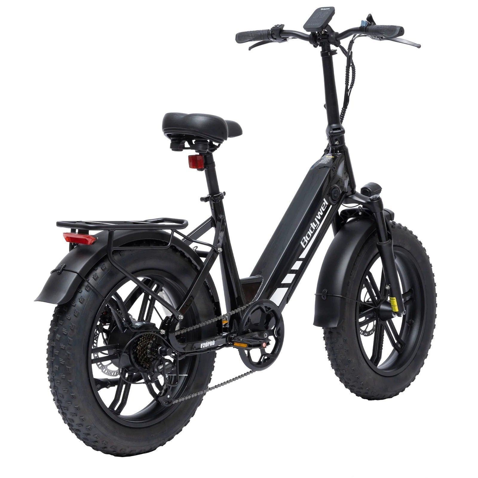 Schwarzes Bodywel F20PRO Elektrofahrrad. Große Reifen, Gepäckträger, Schutzbleche. Marke Bodywel sichtbar.