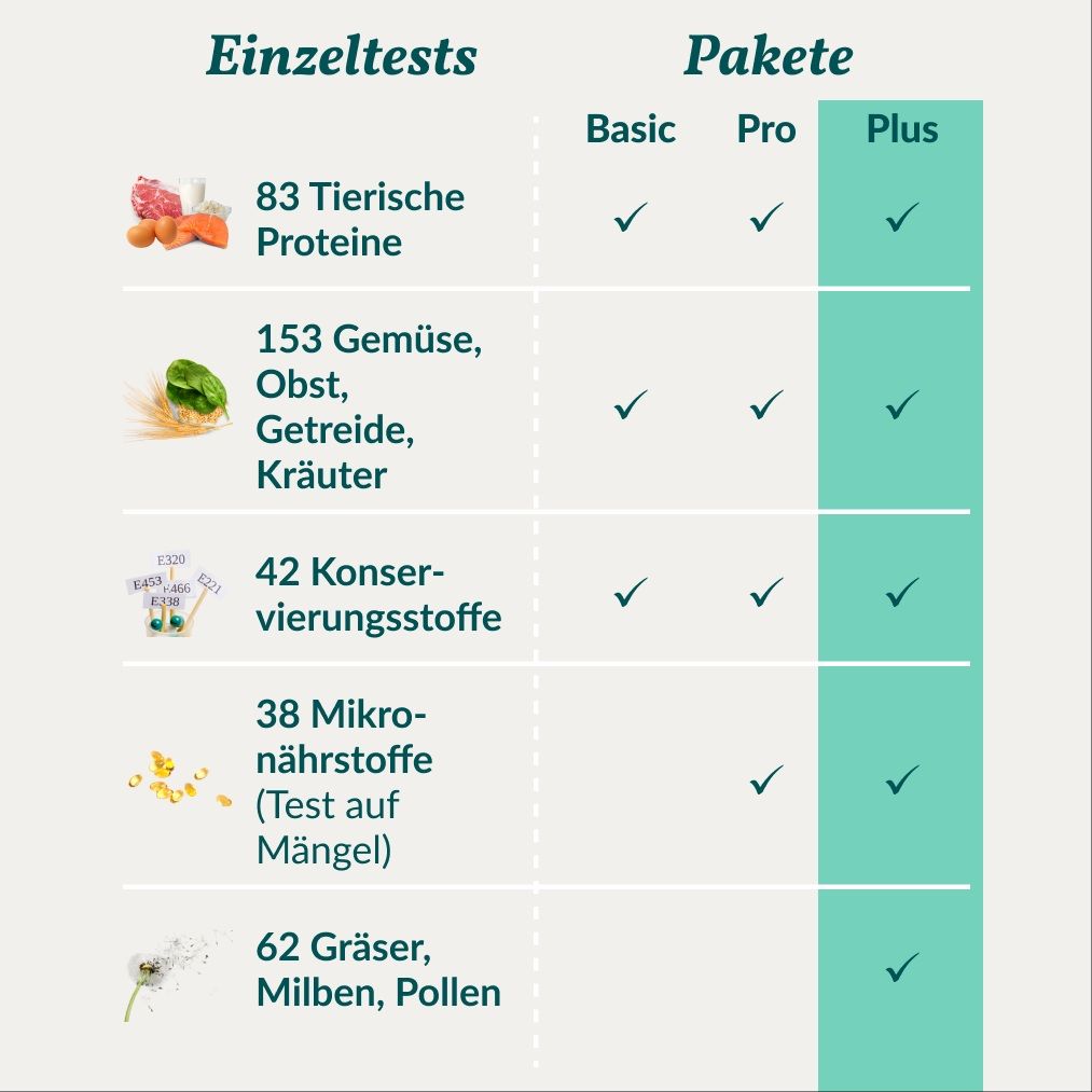Tabelle vergleicht Einzeltests und Pakete (Basic, Pro, Plus) für verschiedene Testkategorien.