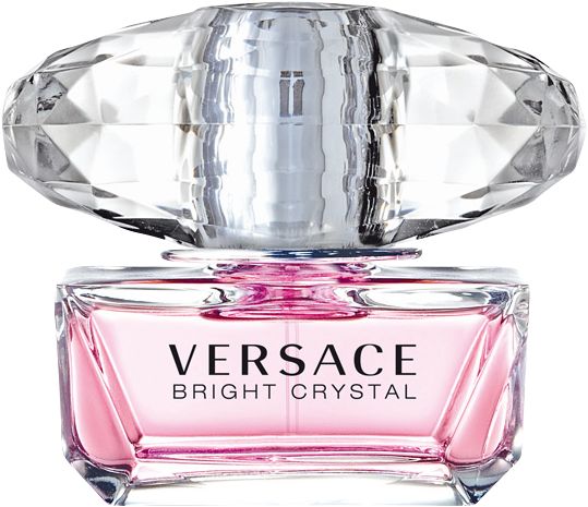 Versace Bright Crystal Eau de Toilette Spray. Rosa Flakon mit Kristallverschluss. Text: Versace, Bright Crystal.
