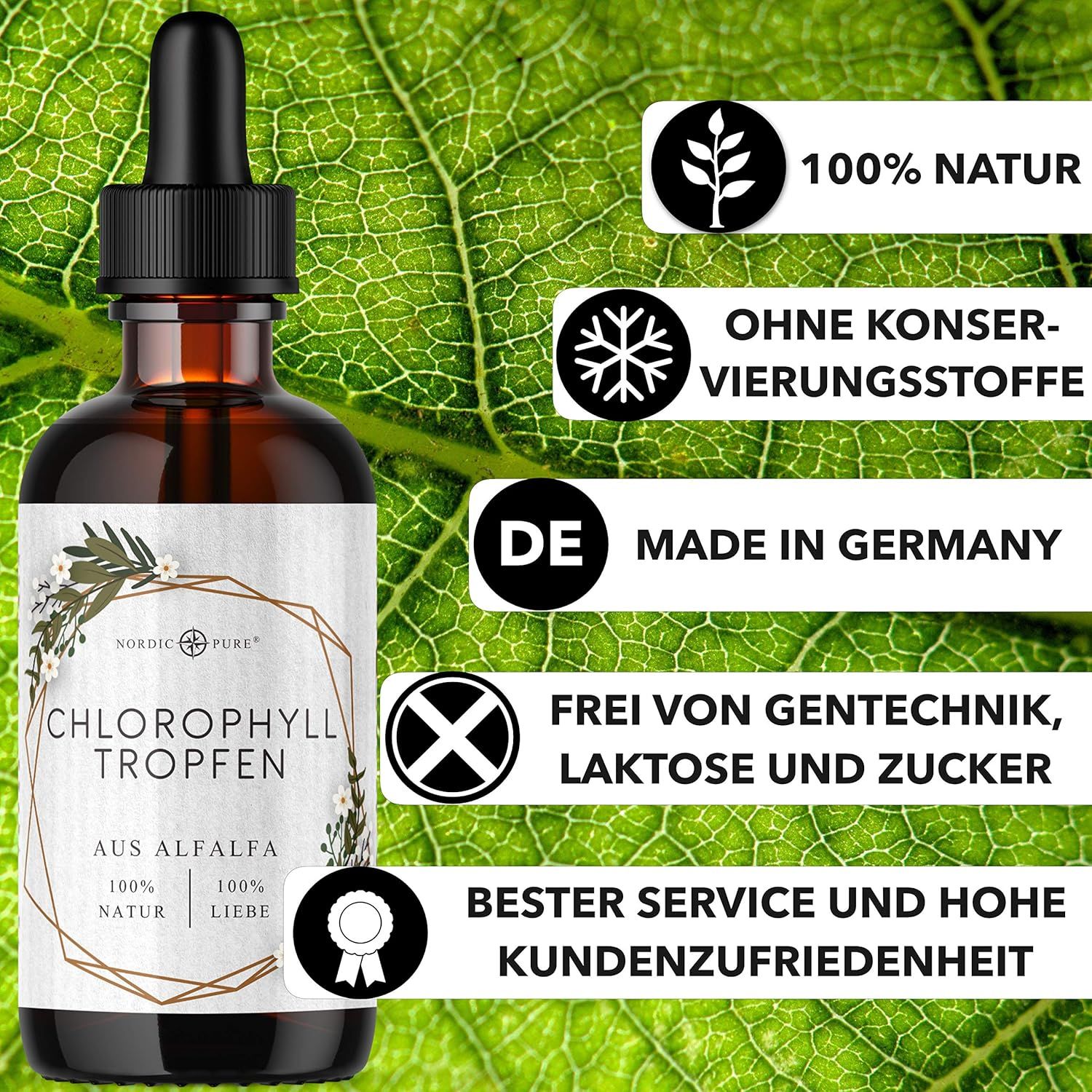 Braune Glasflasche mit Tropfer. Etikett mit Text und Logo. Grünem Hintergrund mit Blättern. Text in deutscher Sprache.