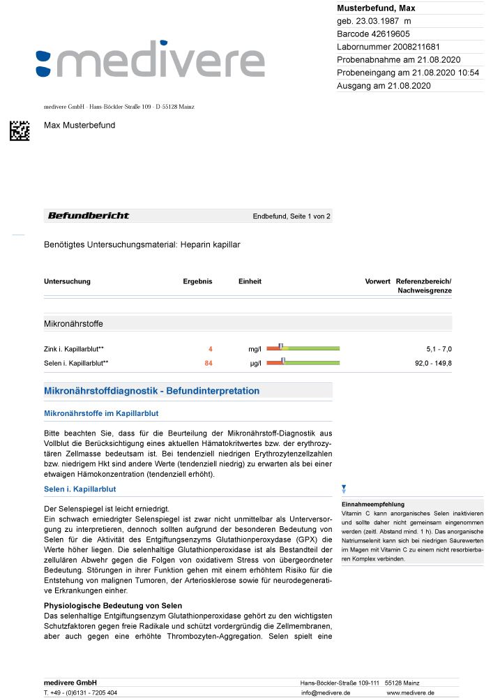 medivere diagnostics Selen + Zink Bluttest