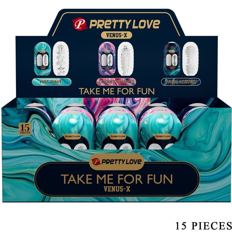 Verkaufsdisplay mit Produkten. Auf der Verpackung steht "Pretty Love", "Venus-X" und "Take me for fun". Enthält 15 Stück.