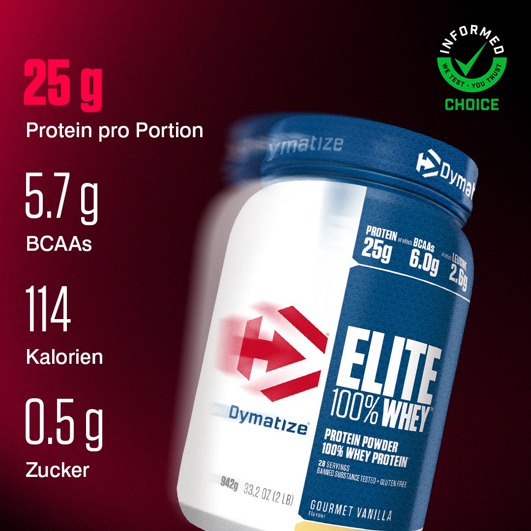 Dymatize Elite 100% Whey Protein Dose mit Nährwertangaben: 25g Protein, 5.7g BCAAs, 114 Kalorien, 0.5g Zucker.