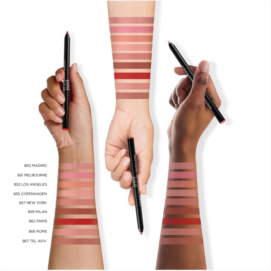 Drei Hände zeigen Lipliner und Farbmuster. Verschiedene Hauttöne und Lippenstiftfarben.