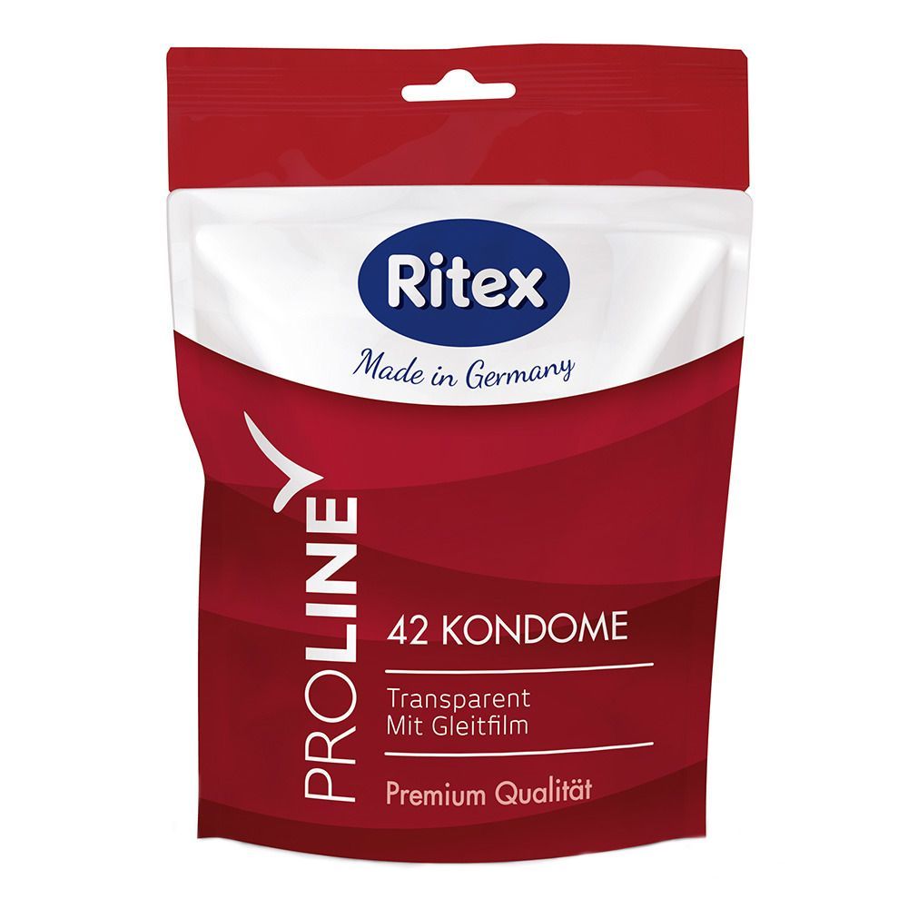 Rote Verpackung mit weißem Bereich. "Ritex"-Logo, "PROLINE" und "42 KONDOME" sichtbar. Transparent mit Gleitfilm. Premium Qualität.