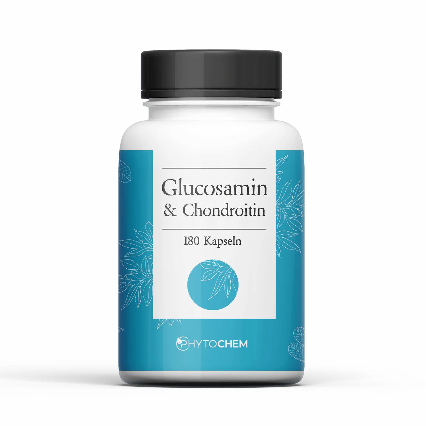Weiße Flasche mit schwarzem Deckel. Aufschrift: Glucosamin & Chondroitin, 180 Kapseln. Marke: Phytochem.