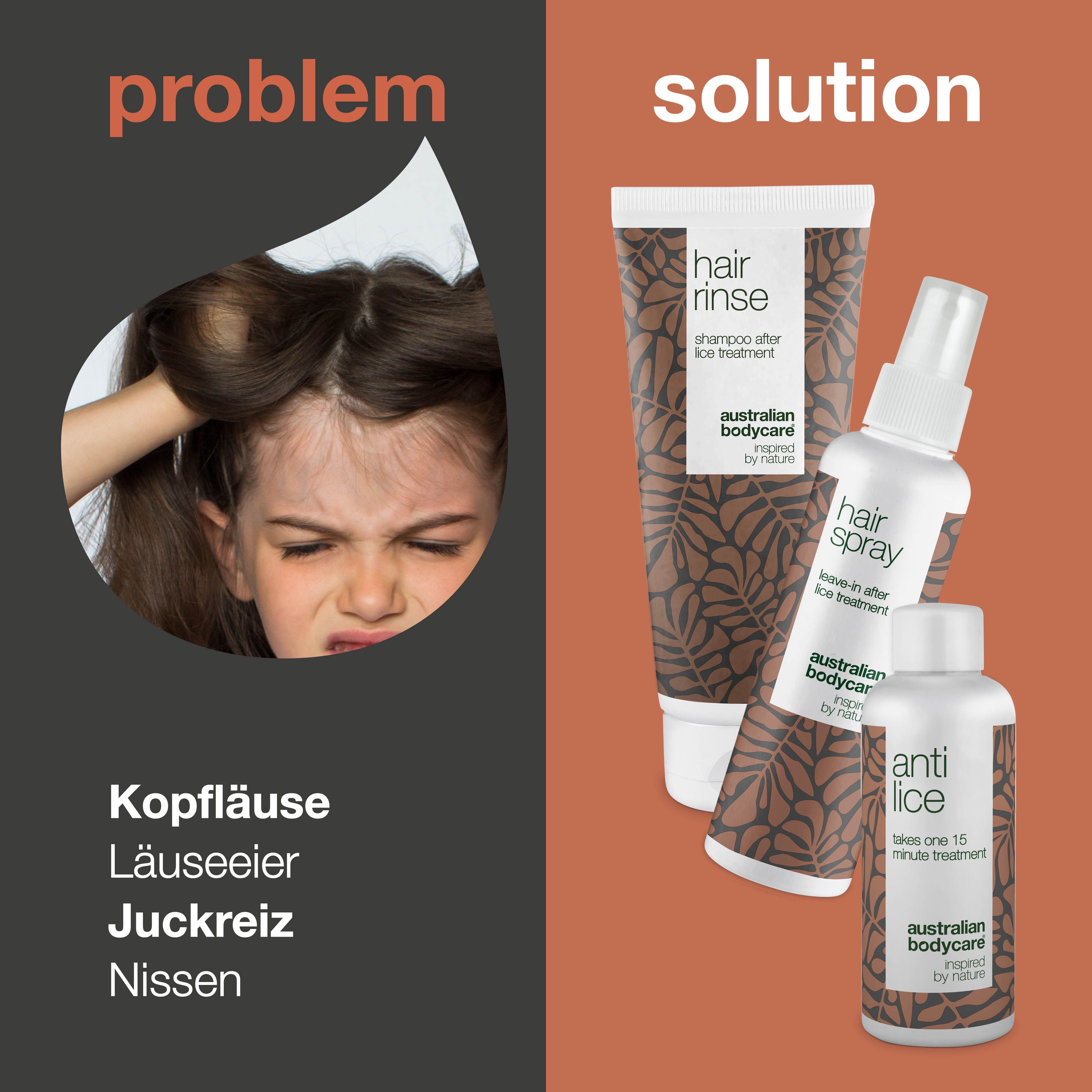 Ein Mädchen kratzt sich am Kopf. Daneben drei Produkte: Hair Rinse, Hair Spray und Anti Lice. Text: Kopfläuse.