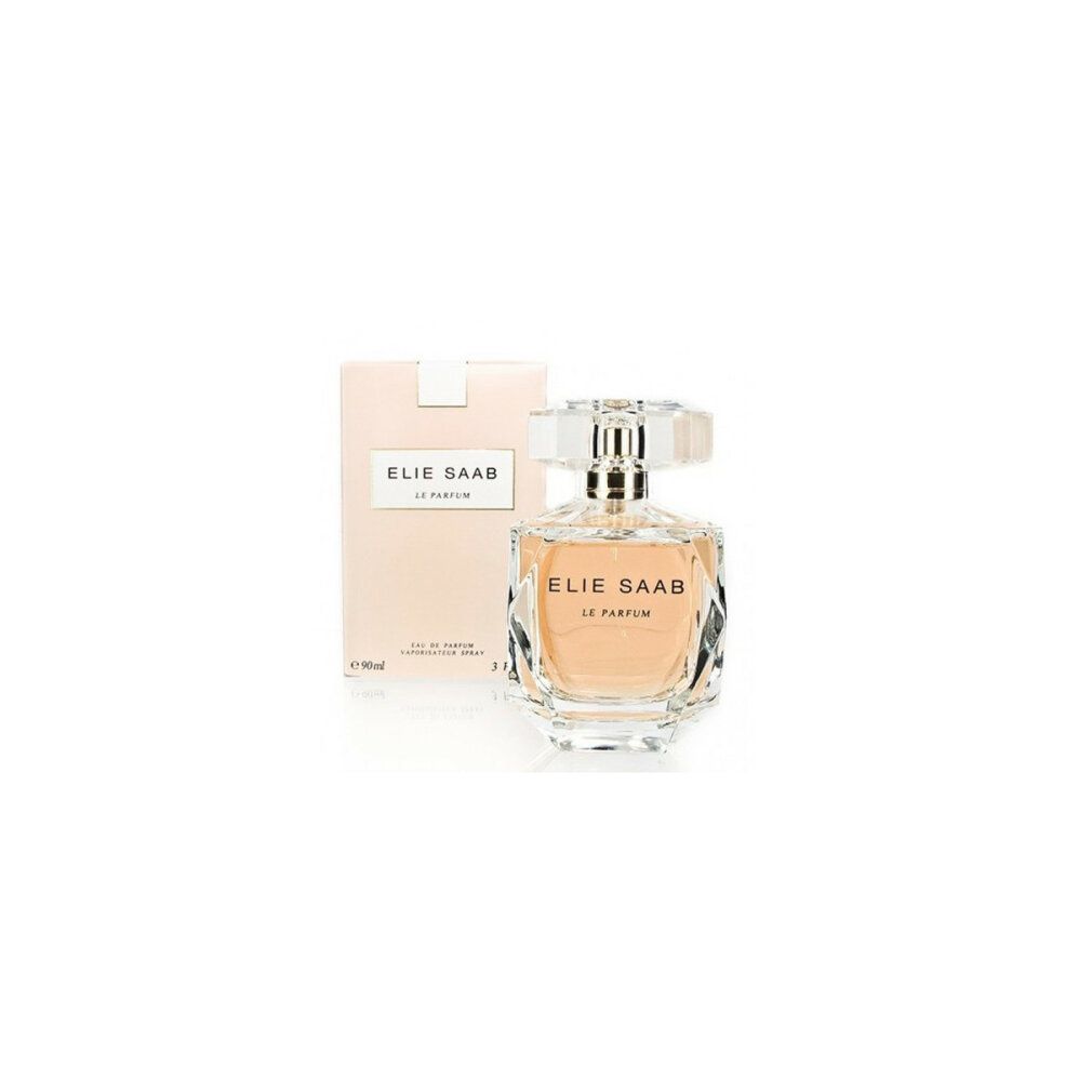Elie Saab Le Parfum EdP Nat. Spray Flakon und Verpackung. Flakon aus Glas, Verpackung in Beige.