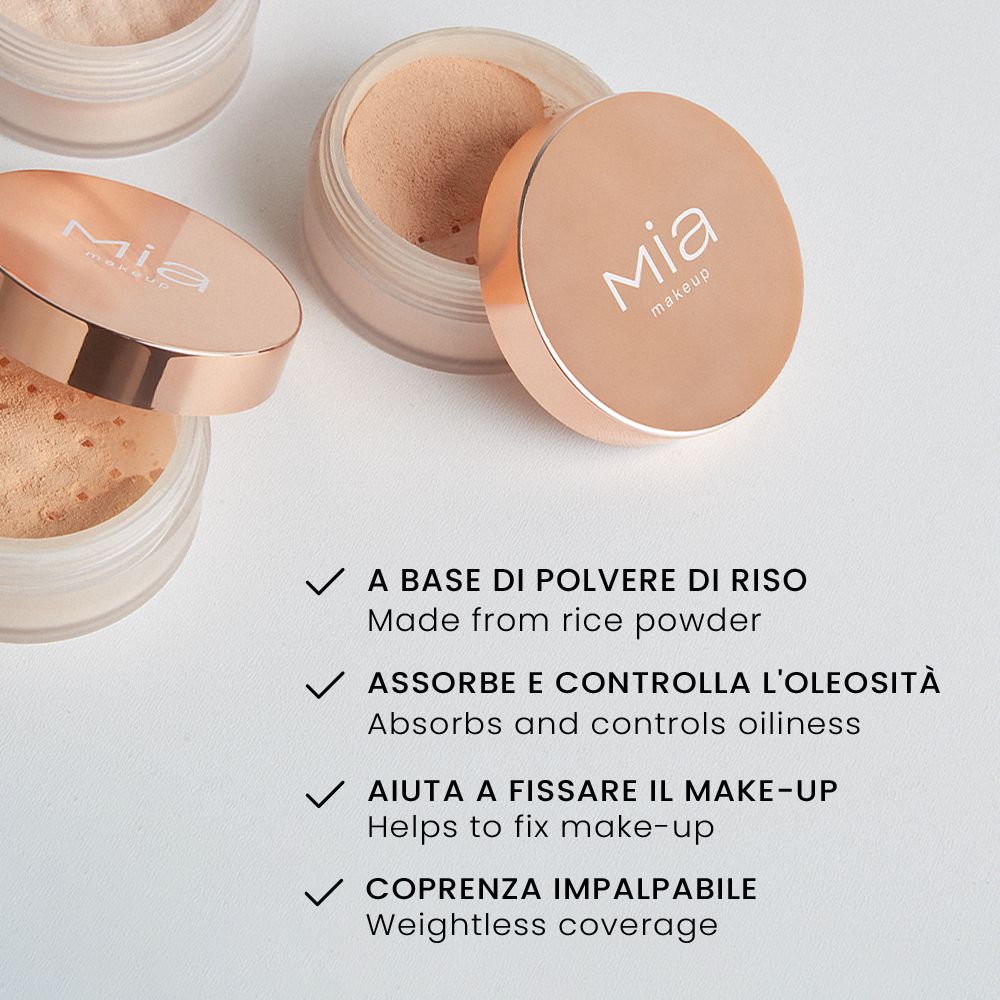 Cipria in polvere libera Mia Makeup in un contenitore trasparente con coperchio color oro rosa. Il testo sull'immagine descrive le caratteristiche del prodotto: a base di riso, assorbe l'olio, fissa il trucco, copertura leggera.