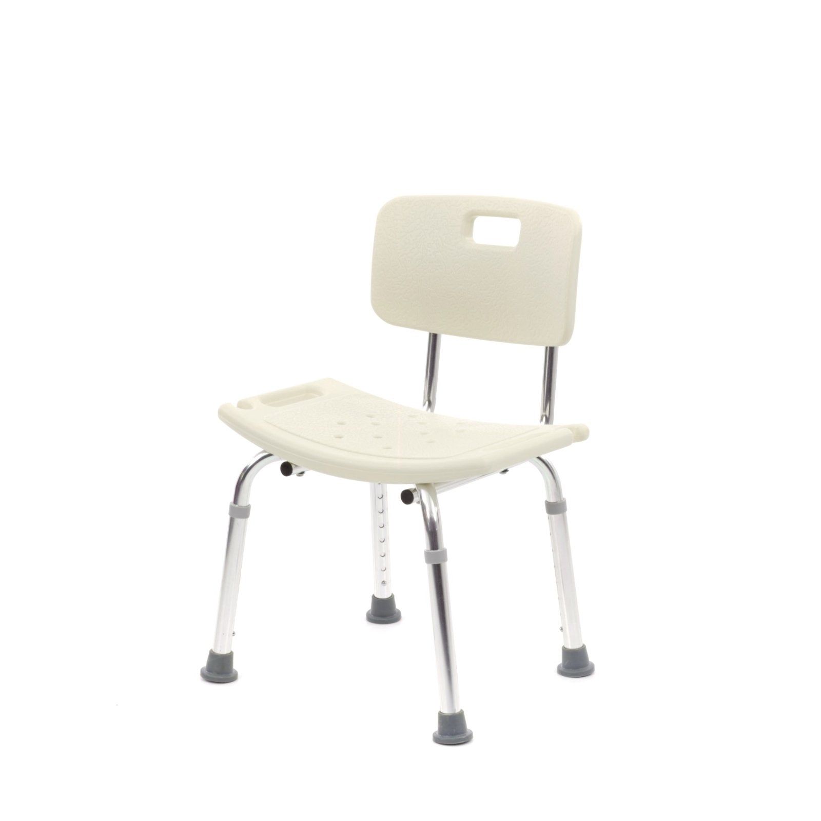 Duschstuhl mit Rückenlehne, höhenverstellbar. Beige Sitzfläche und Rückenlehne, silberfarbenes Gestell. Vier Beine mit Gummifüßen.