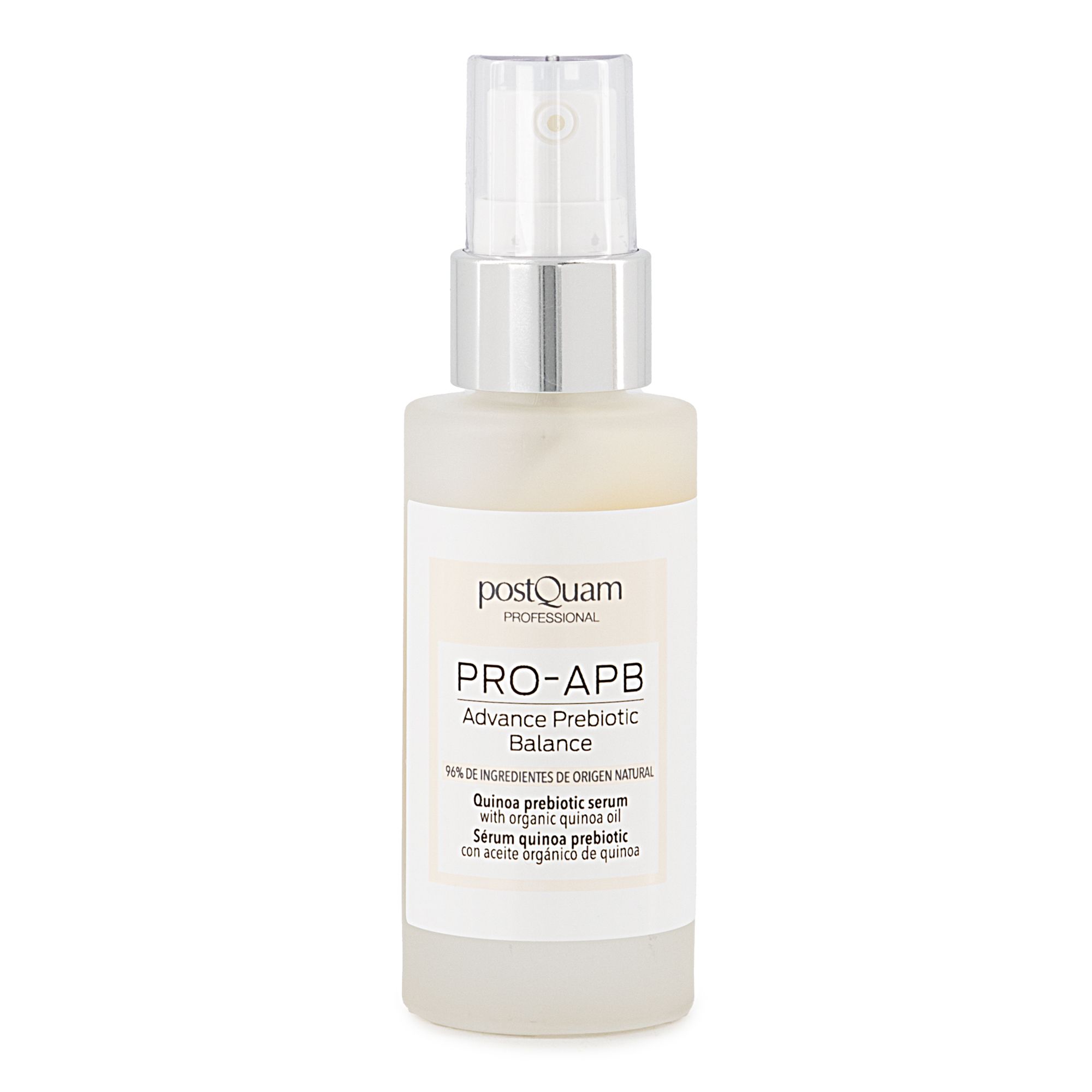 Serumflasche mit Sprühkopf. Aufschrift: Postquam, PRO-APB, Advance Prebiotic Balance. Klarer Behälter mit weißem Etikett.
