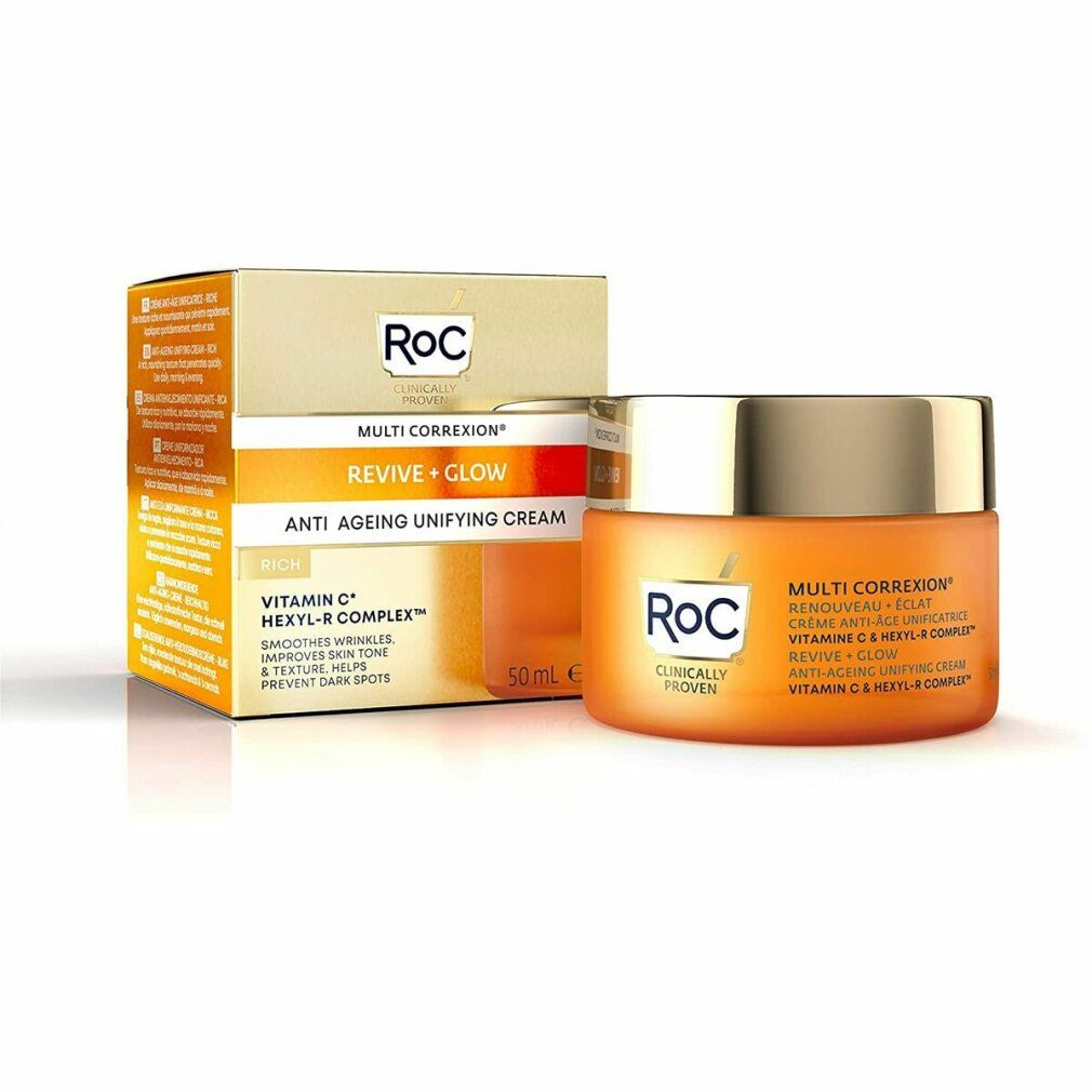 Cremetiegel und Verpackung. Aufschrift: Roc, Revive + Glow, Anti-Ageing Unifying Cream, 50ml.