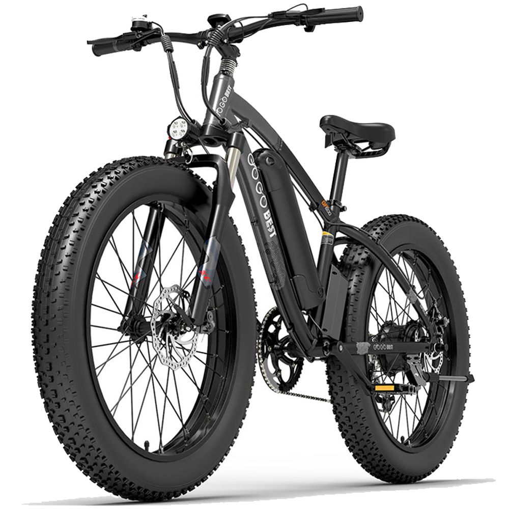 E-Bike mit breiten Reifen, Seitenansicht. Marke GOGOBEST sichtbar. Schwarze Farbe, Scheinwerfer.