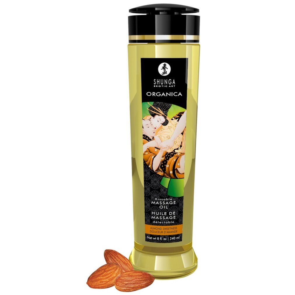 Zylindrische Flasche Massageöl mit Mandeln. Schwarzer Deckel, gelbes Öl, Etikett mit Schriftzug und Abbildung. "Almond Sweetness" steht unten.