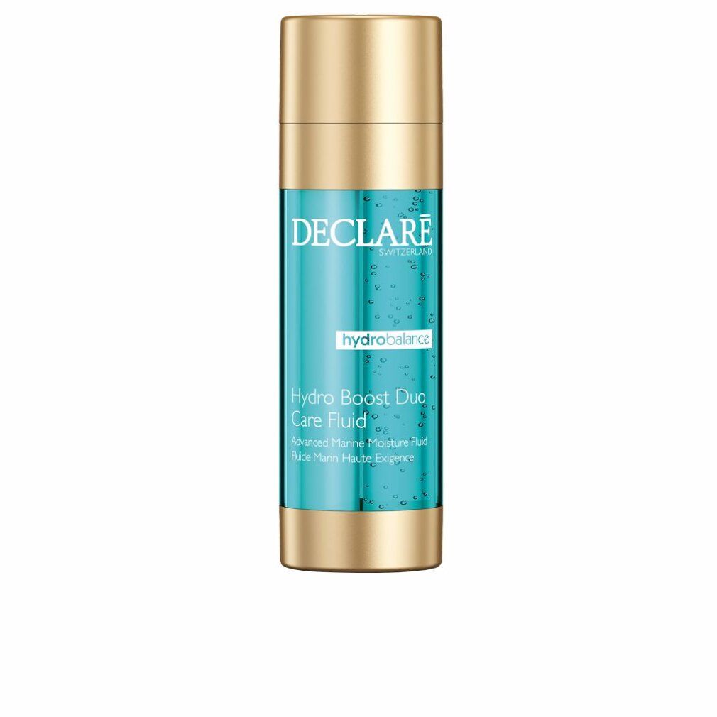 Zylindrische Flasche mit goldfarbenem Deckel und Boden. Türkis-farbener Inhalt. Beschriftung: DECLARE, hydrobalance, Hydro Boost Duo Care Fluid.