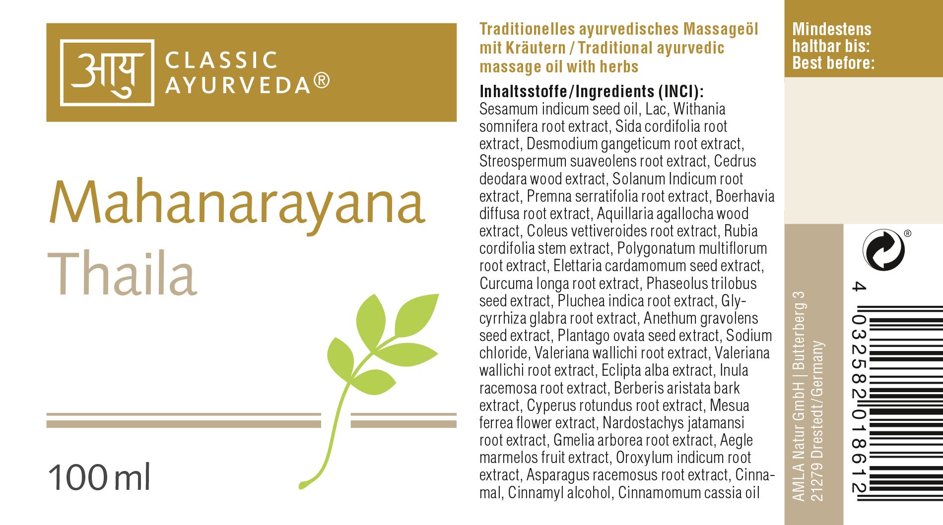 Classic Ayurveda - Mahanarayana Thaila Körper- & Kopf-Massageöl 100 ml