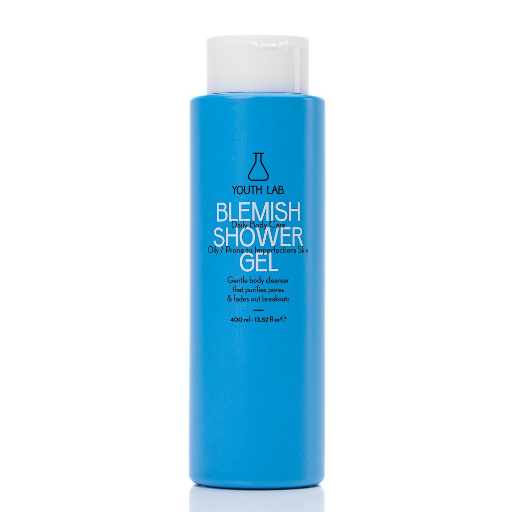 Blaue Flasche mit weißem Deckel. Aufschrift: YOUTH LAB Blemish Shower Gel. Enthält Text über die Reinigung der Haut.